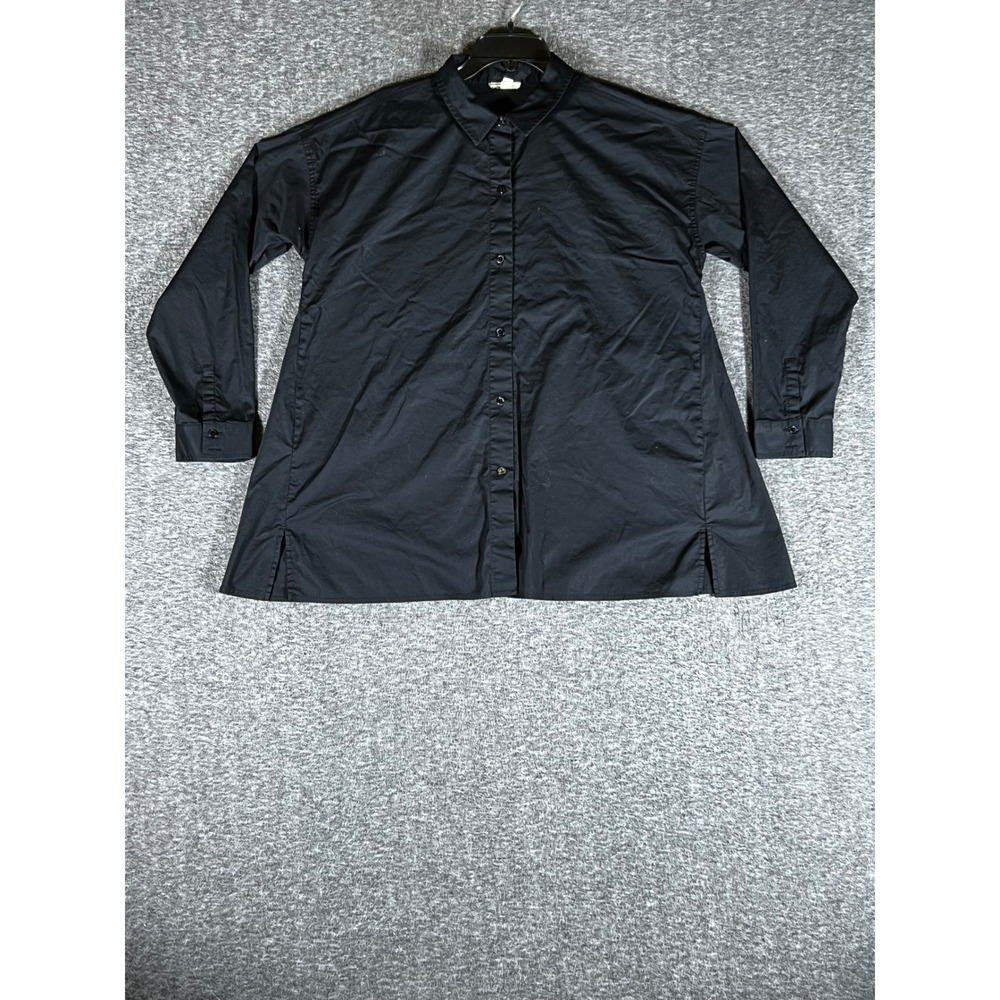Eileen Fisher Black Organic Cotton Stretch Button Down Shirt Tunic Medium